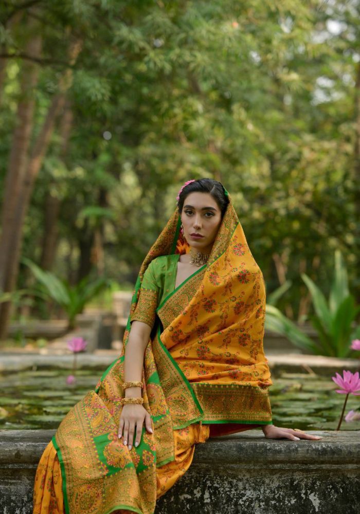 Luxury Woven Pashmina Silk Mustard Saree with All-Over Floral Design & Contrast Pallu