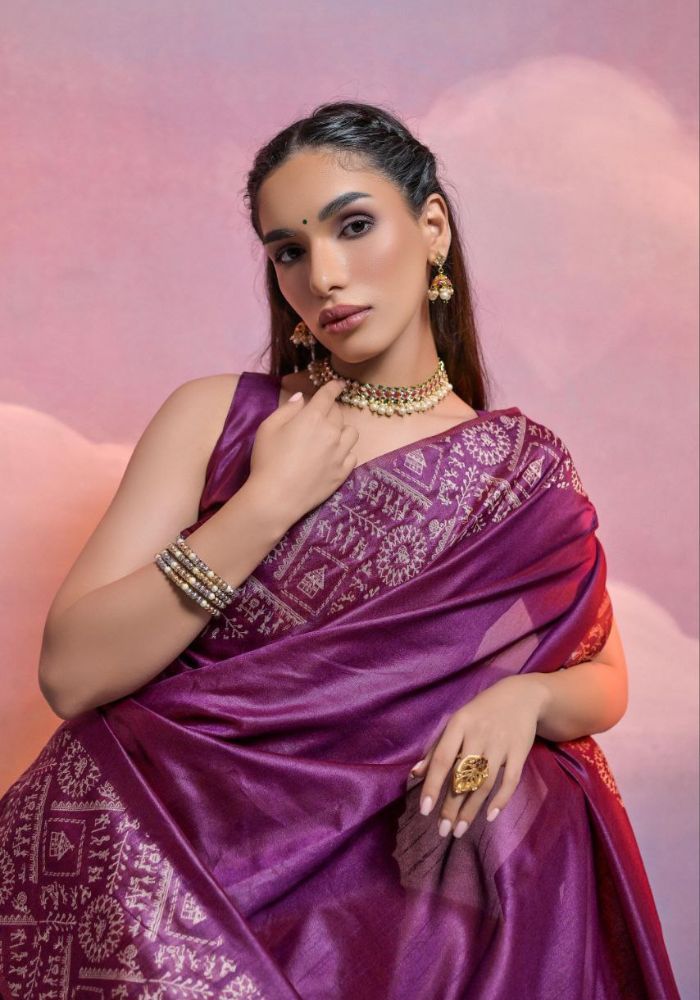 Traditional Purple Silk Saree with Golden Zari Work