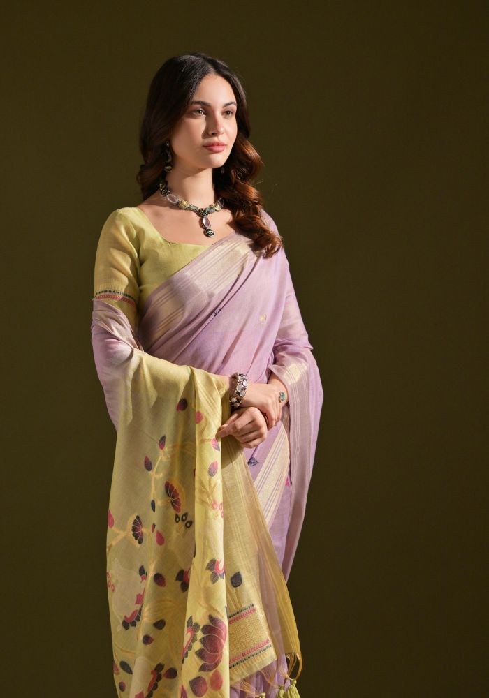 Designer Cotton Purple Saree with Lotus Print