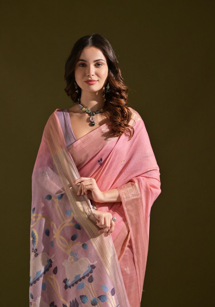 Designer Cotton Pink Saree with Lotus Print
