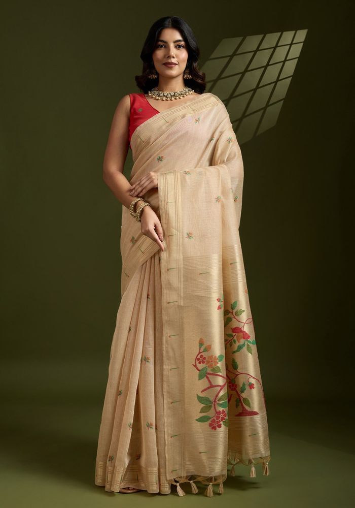 Beige Muga Cotton Paithani Saree
