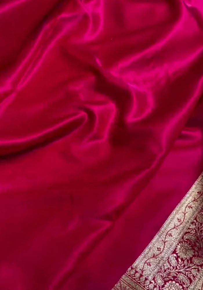 Magenta Banarasi Satin Saree with Golden Zari Floral Motifs