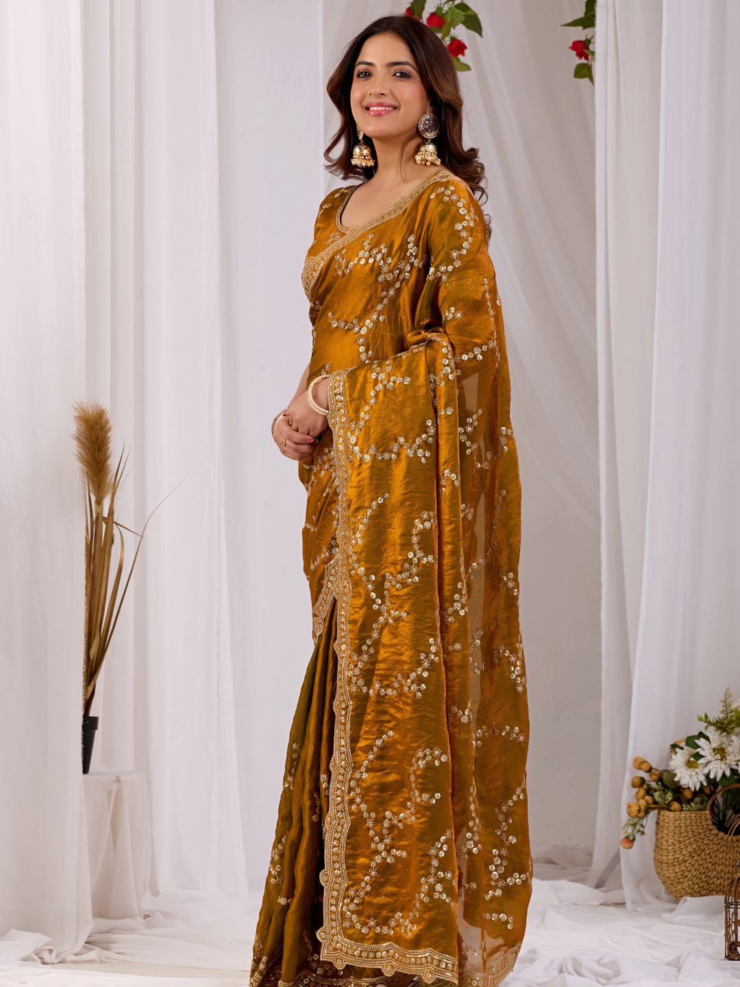 Mustard Gold Embroidered Silk Saree with Designer Blouse for Wedding & Festive Wear