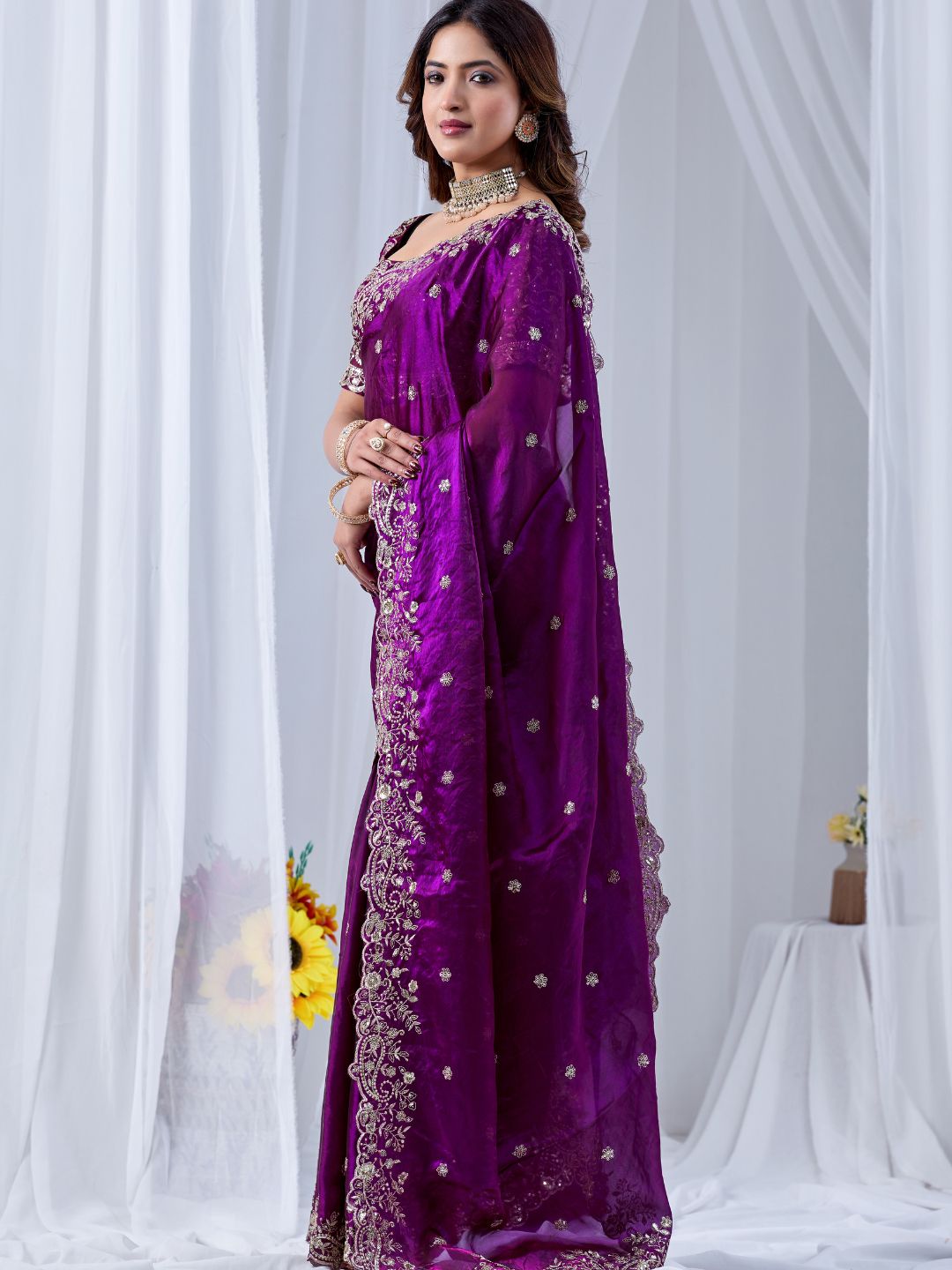 Royal purple embroidered silk saree with designer blouse