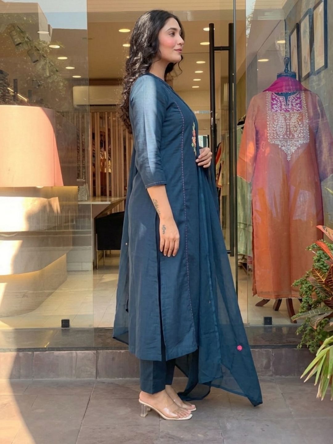 Teal Blue Embroidered Rayon Slub Kurta Set with Chanderi Cotton Dupatta