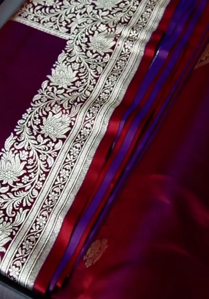 Classic Wine Banarasi Silk Saree with Silver Zari Floral Border & Buti Motifs