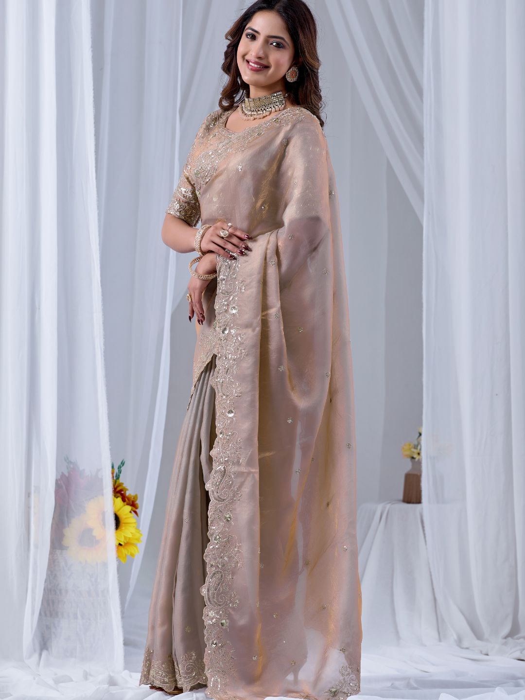 Champagne beige embroidered silk saree with designer blouse
