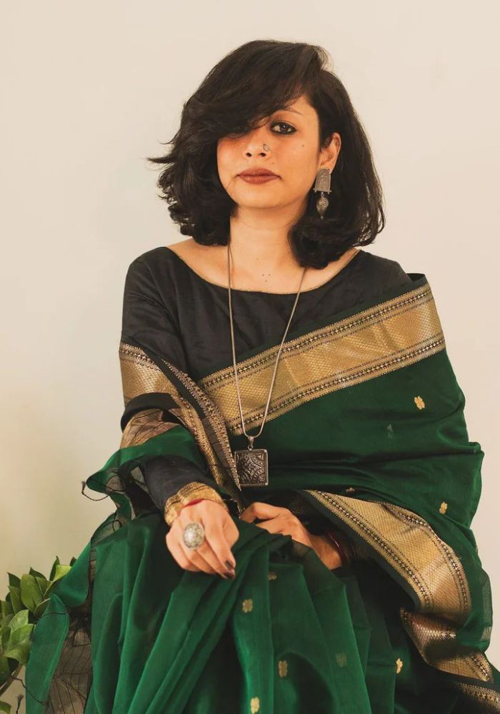 Elegant Dark Green Banarasi Satin Silk Saree with Golden Zari Woven Border