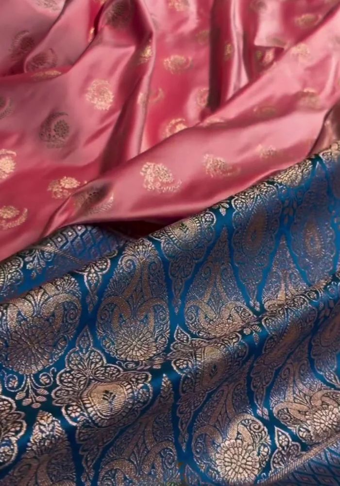 Kesudi Pink Katan Silk Saree with Golden Zari Weaving and Royal Blue Border