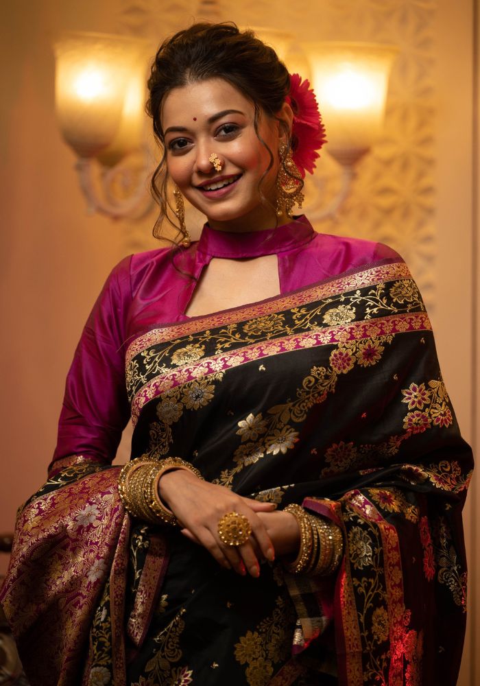 Black Banarasi Silk Saree with Intricate Zari Weaving