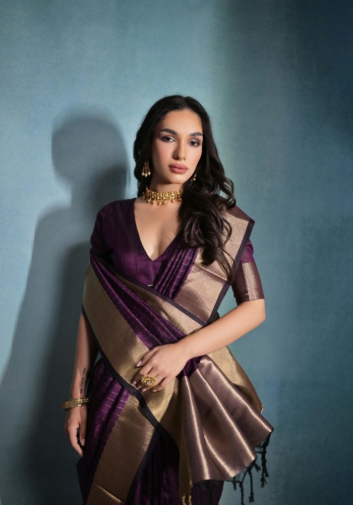 Timeless Purple Silk Saree with Rich Golden Accents