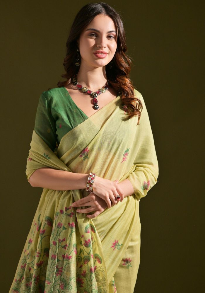 Elegant Lamon Yellow Cotton Saree with Delicate Floral Embroidery
