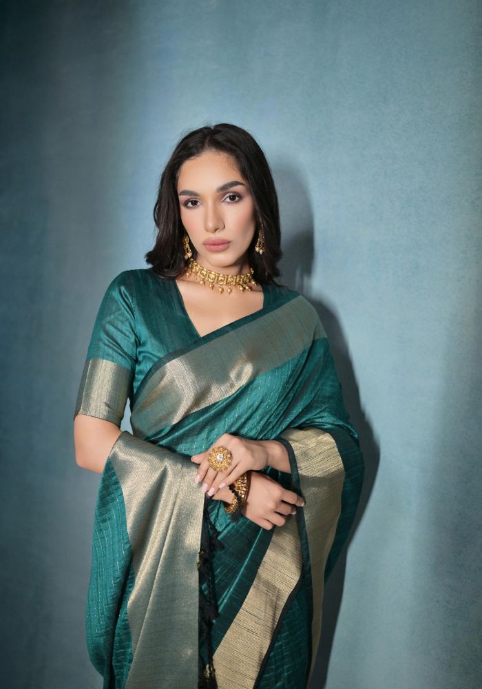 Timeless Teal Blue Silk Saree with Rich Golden Accents