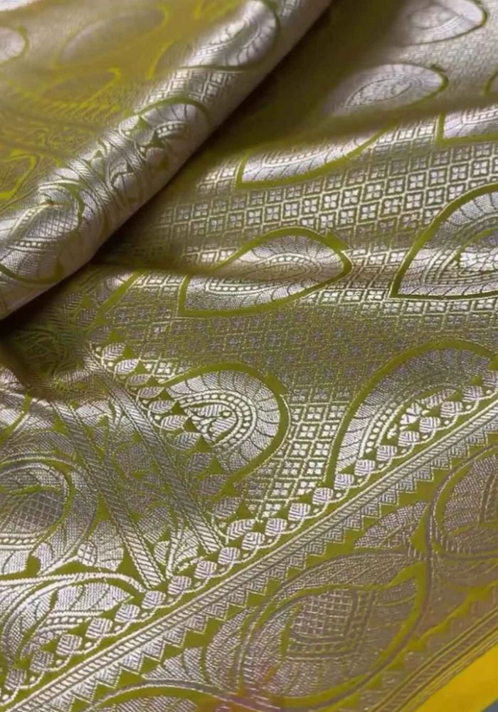 Mustard Yellow Mashru Silk Banarasi Saree with Silver Zari