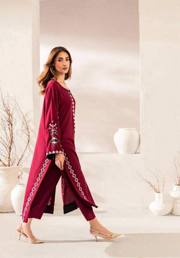 Maroon Embroidered Chanderi Silk Kurta Set with Chinon Dupatta