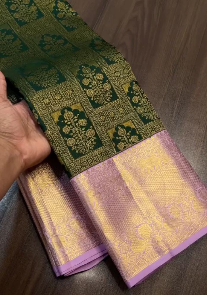 Dark Green Banarasi Satin Silk Saree with Golden Zari Weaving