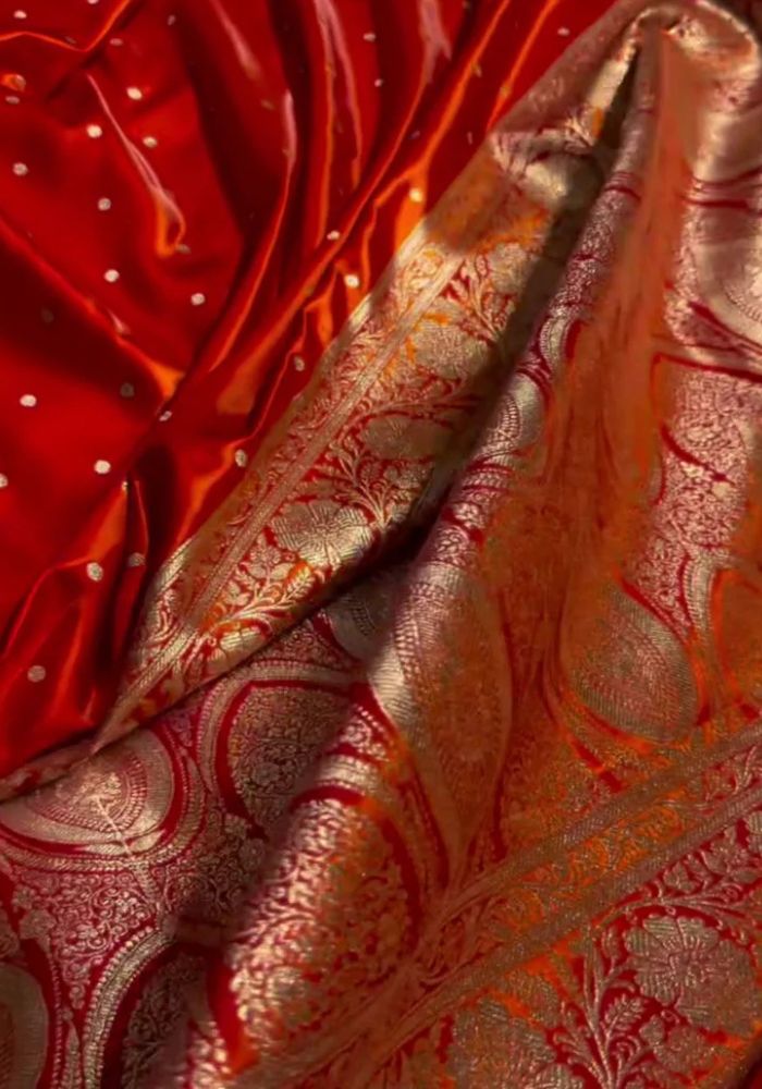 Red Banarasi Satin Silk Saree with Golden Zari Butta & Rich Border
