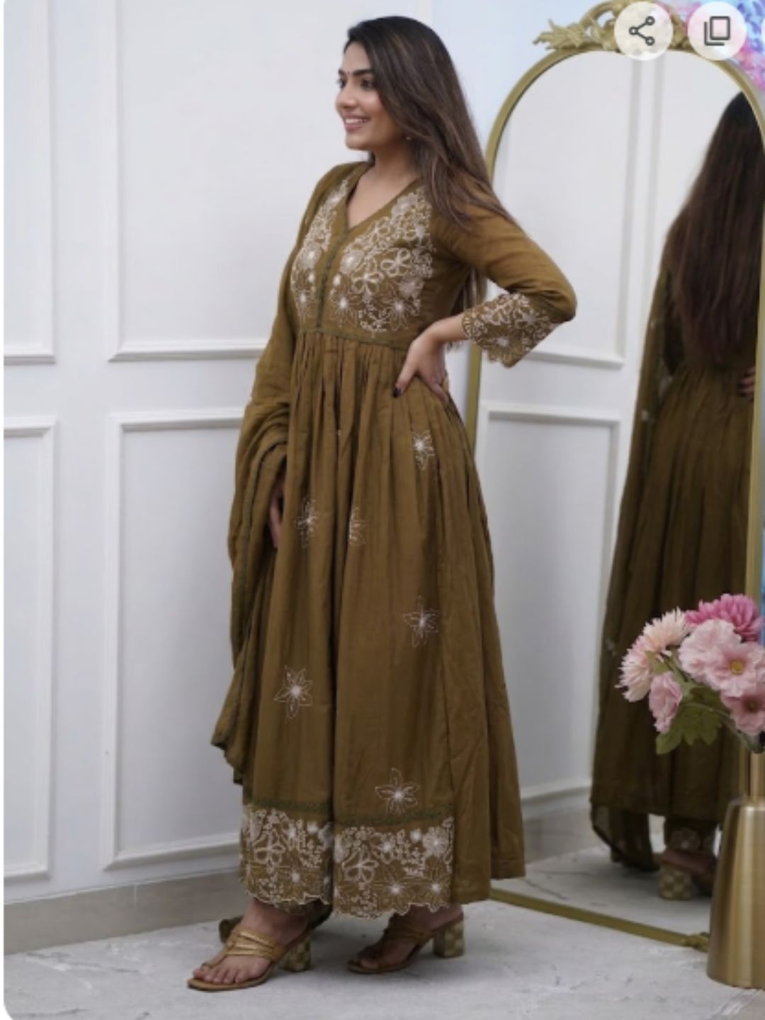 Women Olive Green Embroidered Cotton Silk Kurta Set with Chanderi Cotton Dupatta