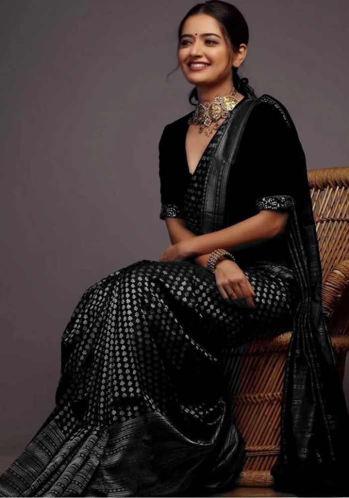 Elegant Black Banarasi Satin Silk Saree with Silver Zari Woven Motifs & Rich Border