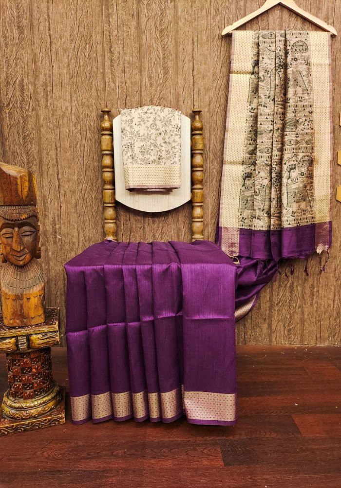 Traditional Purple Madhubani Printed Tussar Silk Saree
