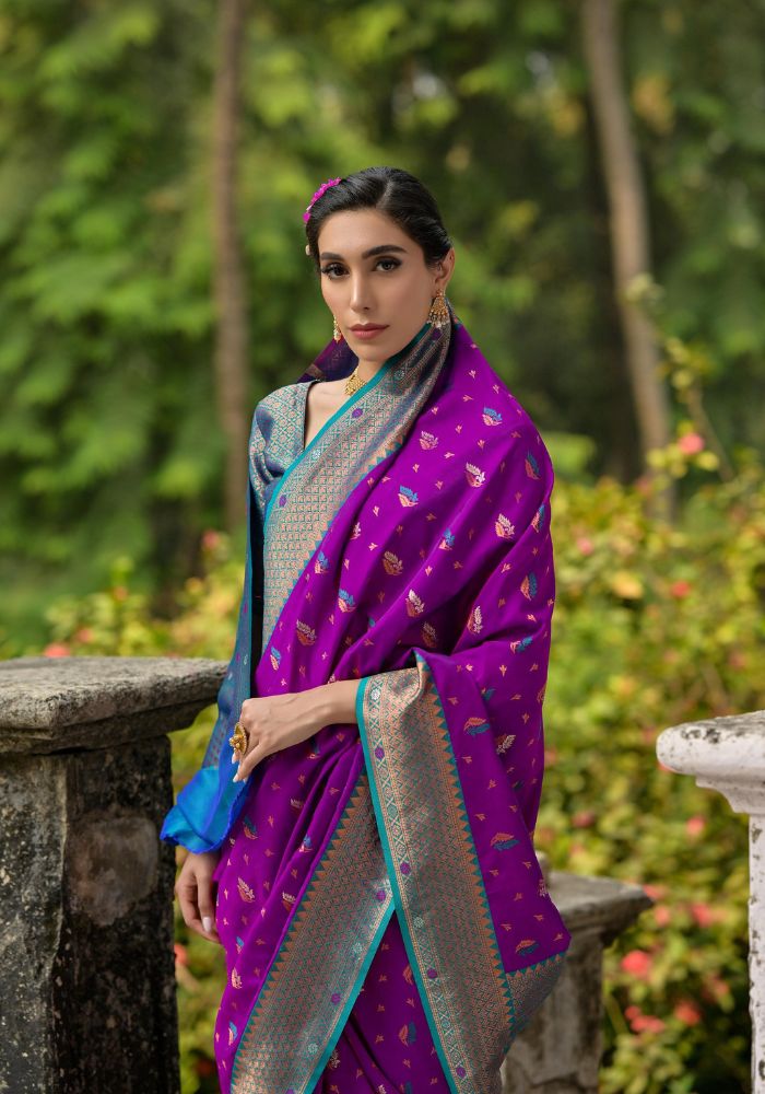 Traditional Banarasi Silk Saree in Purple with Floral Weaving