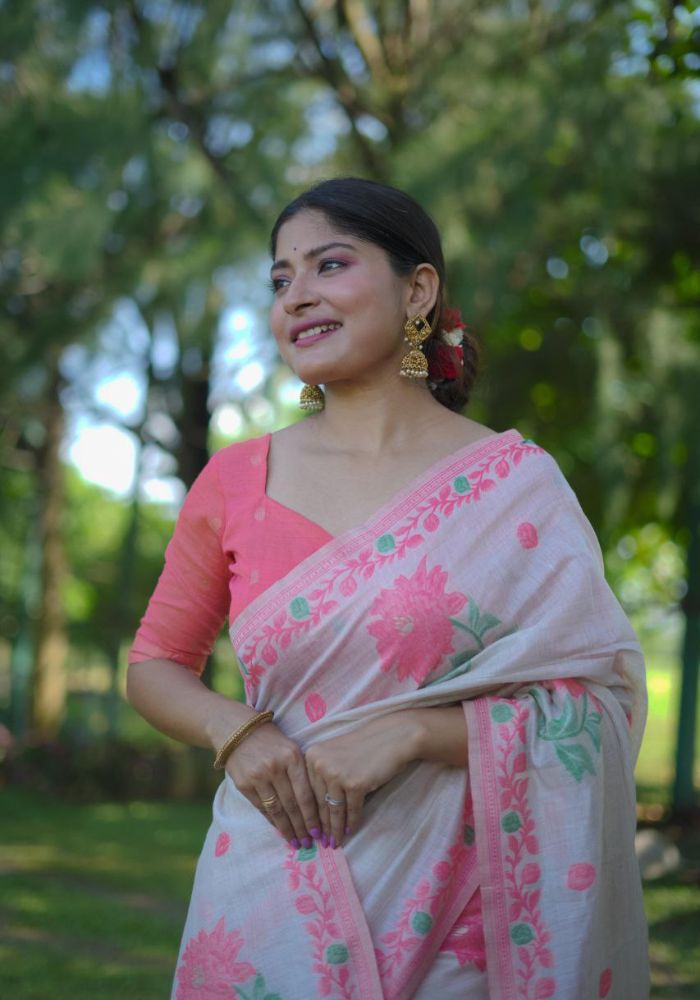 Soft Cotton Saree with Rose Pink Floral Weaving & Tassels