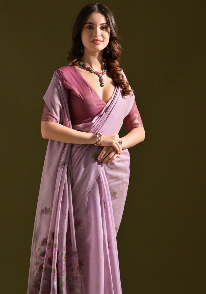 Elegant Purple Cotton Saree with Delicate Floral Embroidery