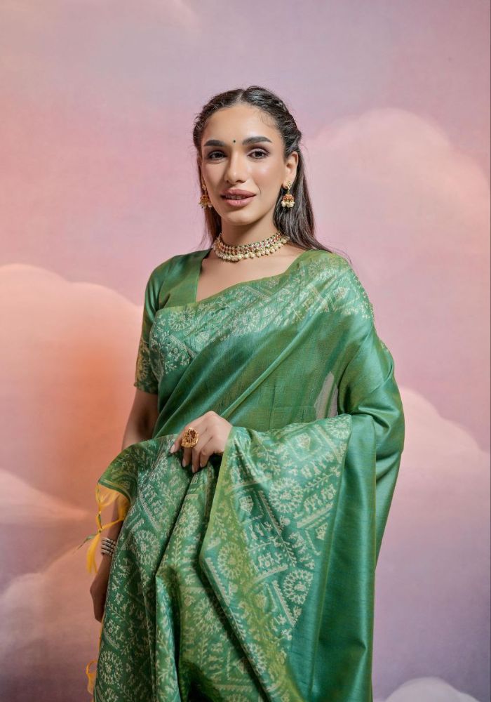 Traditional Leaf Green Silk Saree with Golden Zari Work