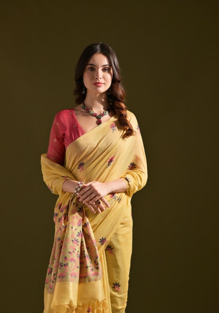 Elegant Mustard Cotton Saree with Delicate Floral Embroidery