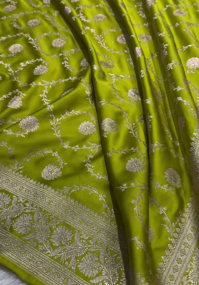 Bright Green Katan Silk Banarasi Saree with Silver Zari Floral Jaal & Ornate Border