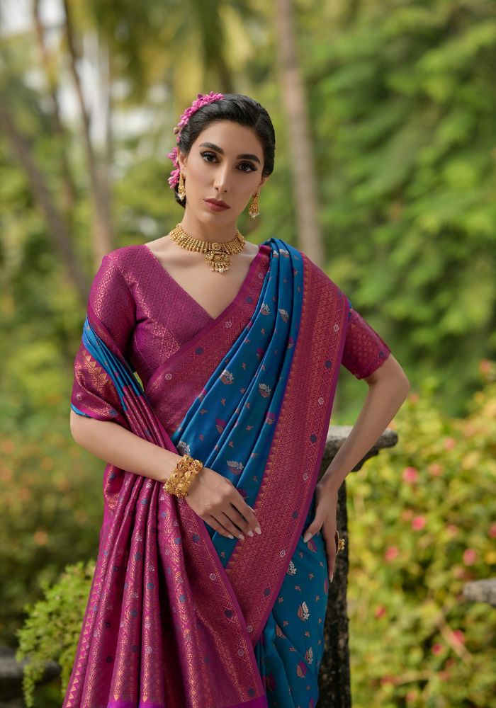 Traditional Banarasi Silk Saree in Blue with Floral Weaving