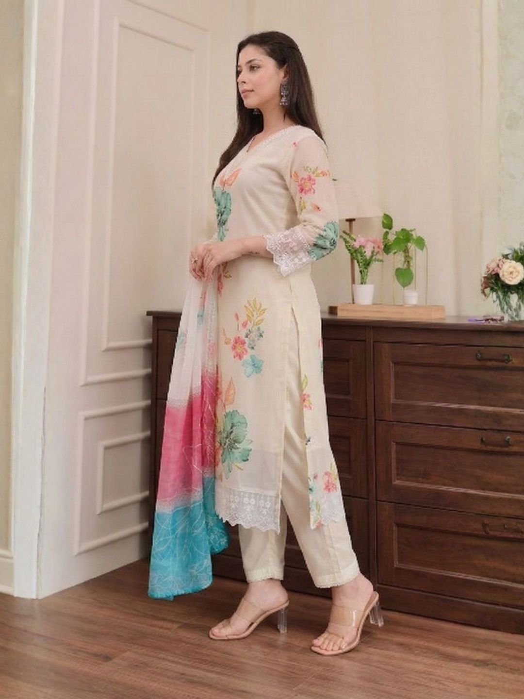 Ivory Floral Printed Viscose Kurta Set with Multicolor Dupatta