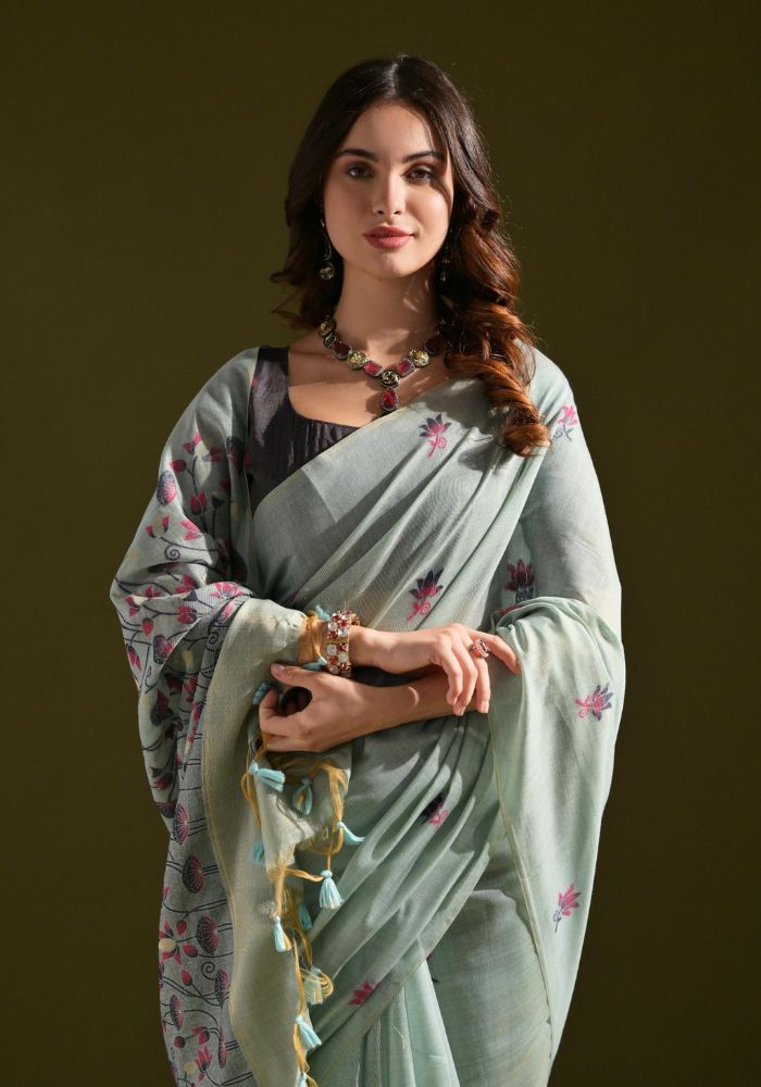 Elegant Sky Cotton Saree with Delicate Floral Embroidery