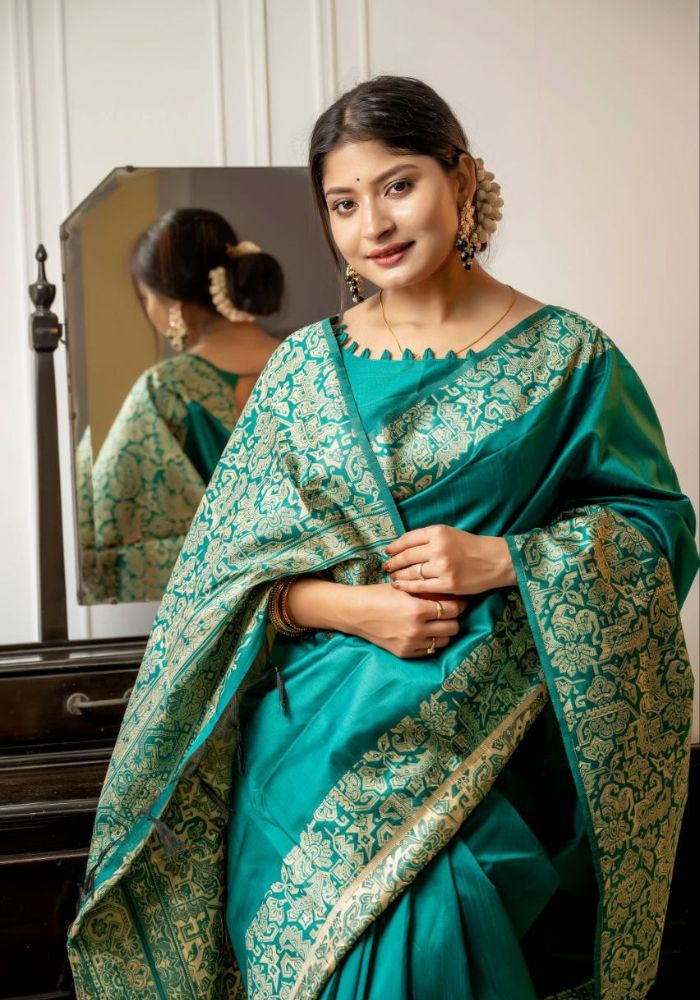 Teal Blue Handloom Raw Silk Saree