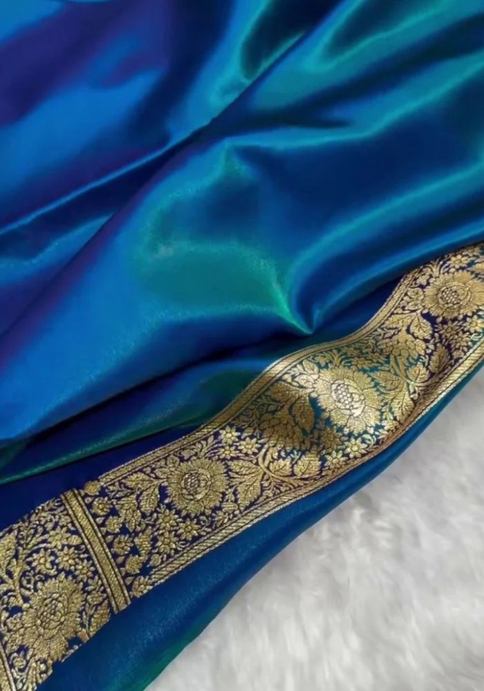 Teal Blue Banarasi Satin Saree with Golden Zari Buti & Ornate Floral Border
