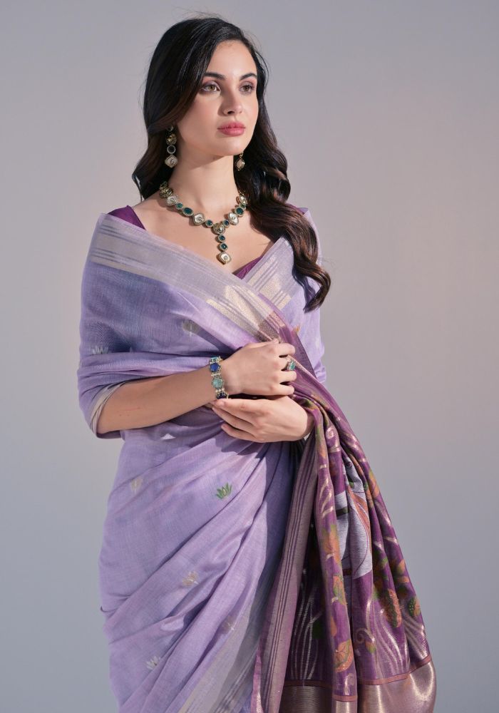 Festive Purple Sari with Embroidered Buttis and Bold Border