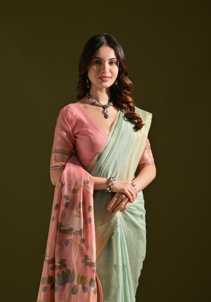Designer Cotton Pista Saree with Lotus Print – Kesudi