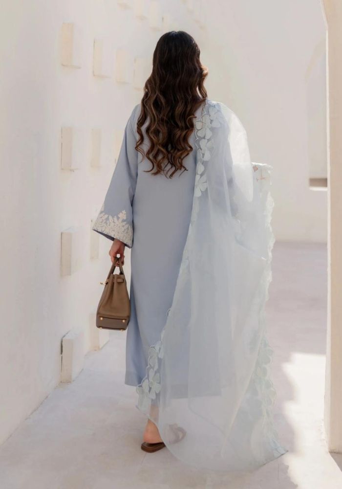 Grey Embroidered Chanderi Silk Kurta Set with Organza Dupatta for Women