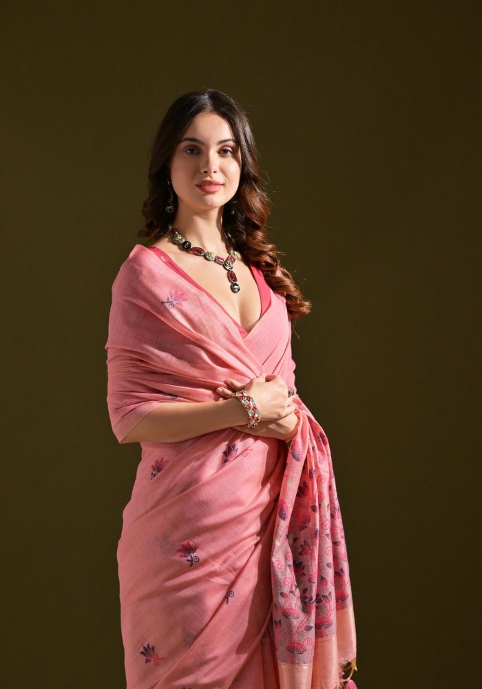 Elegant Pink Cotton Saree with Delicate Floral Embroidery