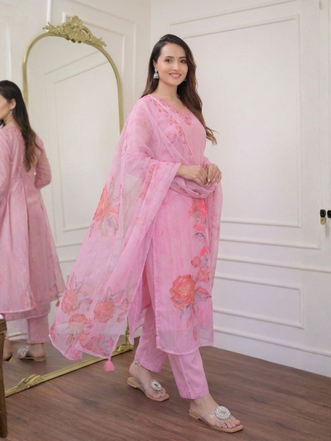 Blush Bloom Premium Organza Printed Kurta Set with Dupatta for Women