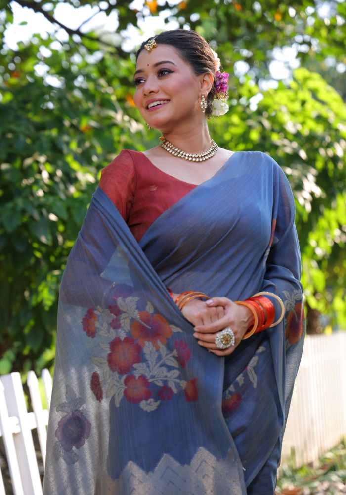 Elegant Blue Cotton Saree with Delicate Floral Print