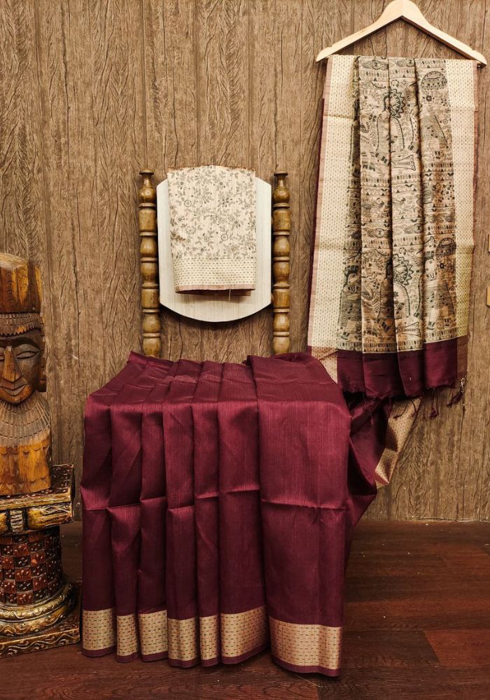 Traditional Wine Madhubani Printed Tussar Silk Saree