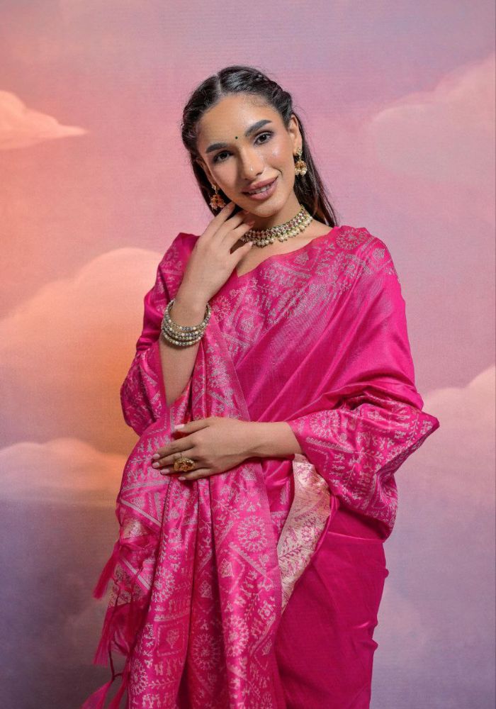 Traditional Hot Pink Silk Saree with Golden Zari Work