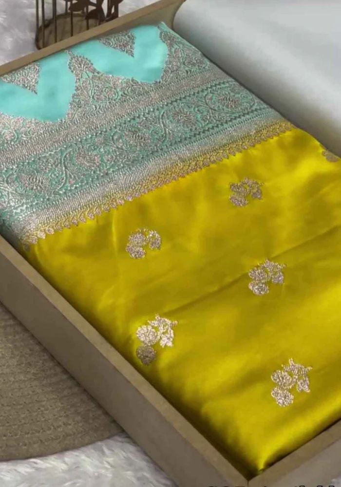 Bridal Yellow Banarasi Mashru Satin Silk Saree with Silver Zari Buti & Aqua Blue Border