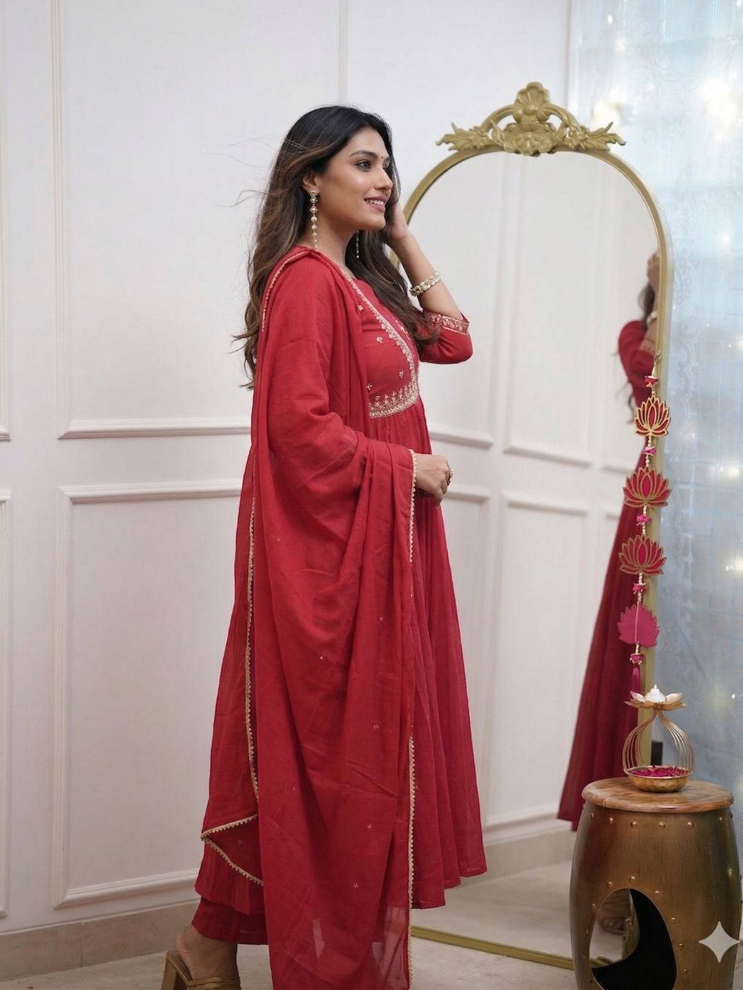 Ruby Red Embroidered Muslin Cotton Anarkali Kurta Set with Chanderi Cotton Dupatta