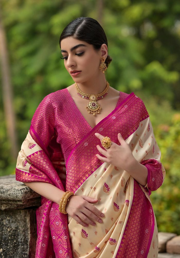Traditional Banarasi Silk Saree in Beige with Floral Weaving
