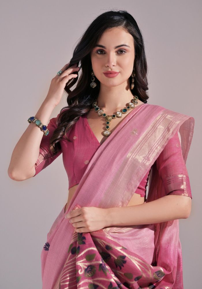 Festive Pink Sari with Embroidered Buttis and Bold Border