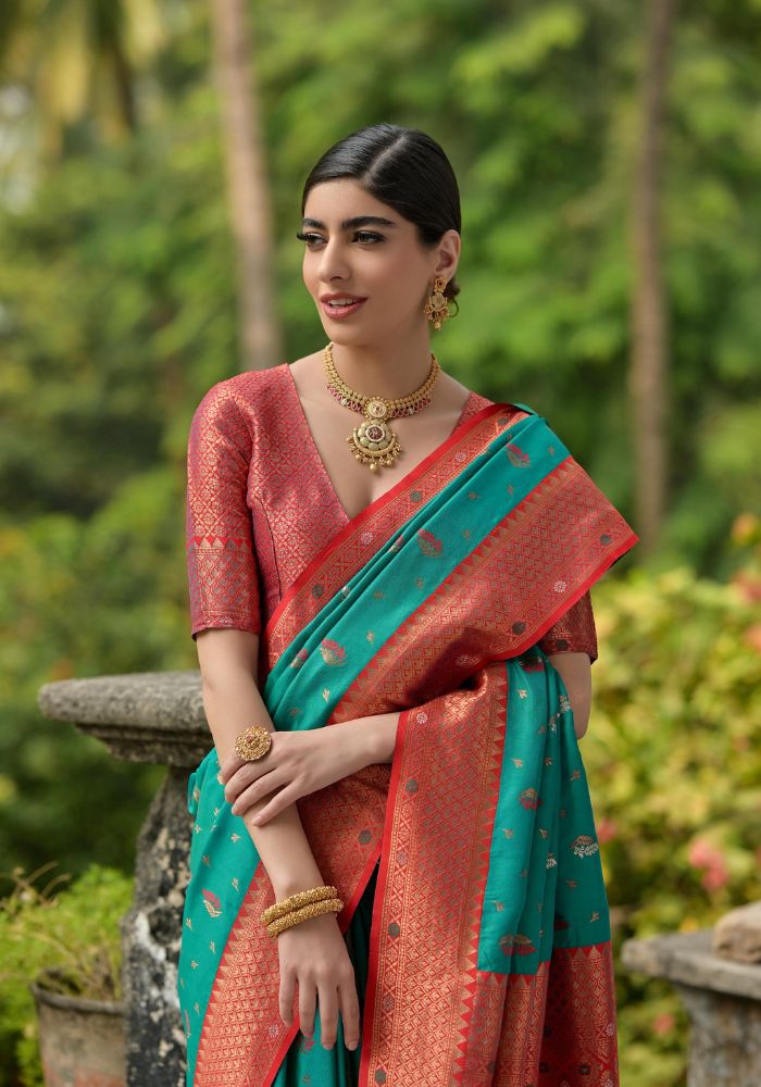 Traditional Banarasi Silk Saree in Teal Green with Floral Weaving