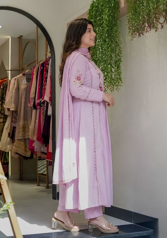 Lavender Embroidered Chanderi Silk Anarkali Kurta Set with Organza Dupatta