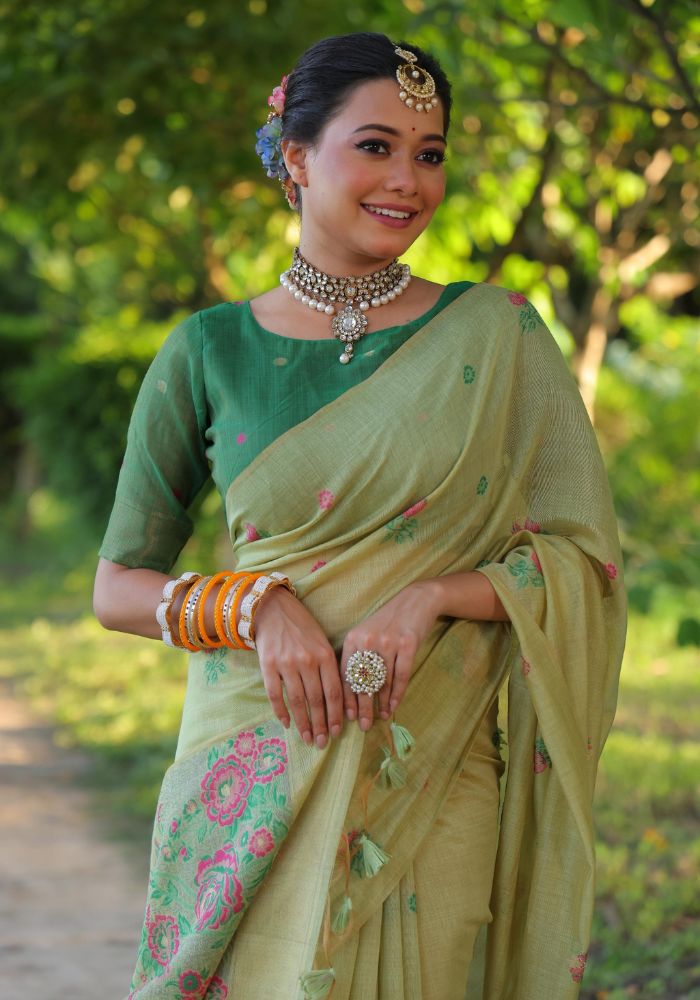 Graceful Soft Muga Pista Cotton Saree with Resham Floral Weaving & Tassels